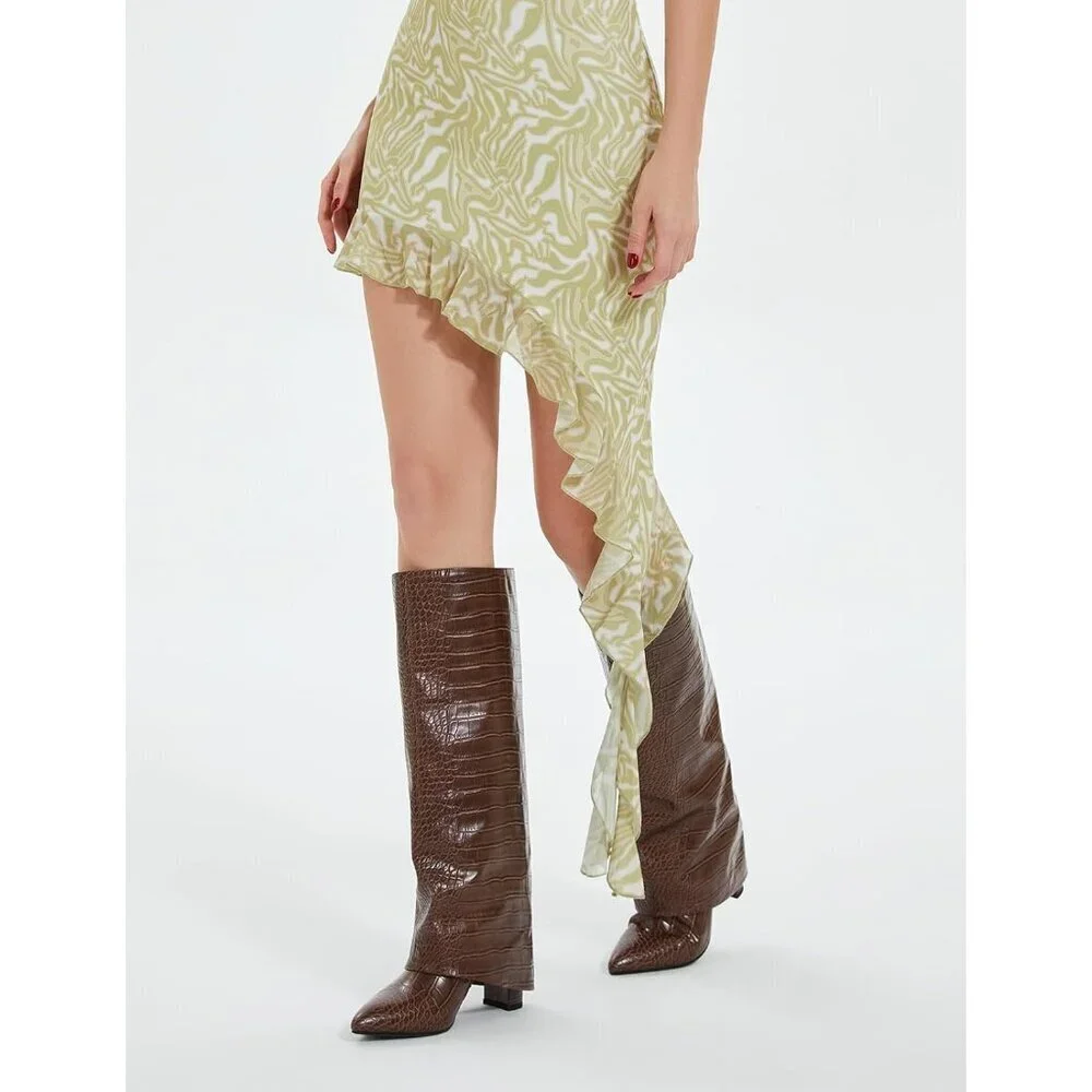 Women Crocodile-brown Leather Fold Over Knee High Chunky High Heels Long Boot